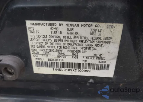 1999 Nissan Altima Gle/Gxe/Se/Se-L/Xe from USA, damaged, VIN 1N4DL01D9XC109999